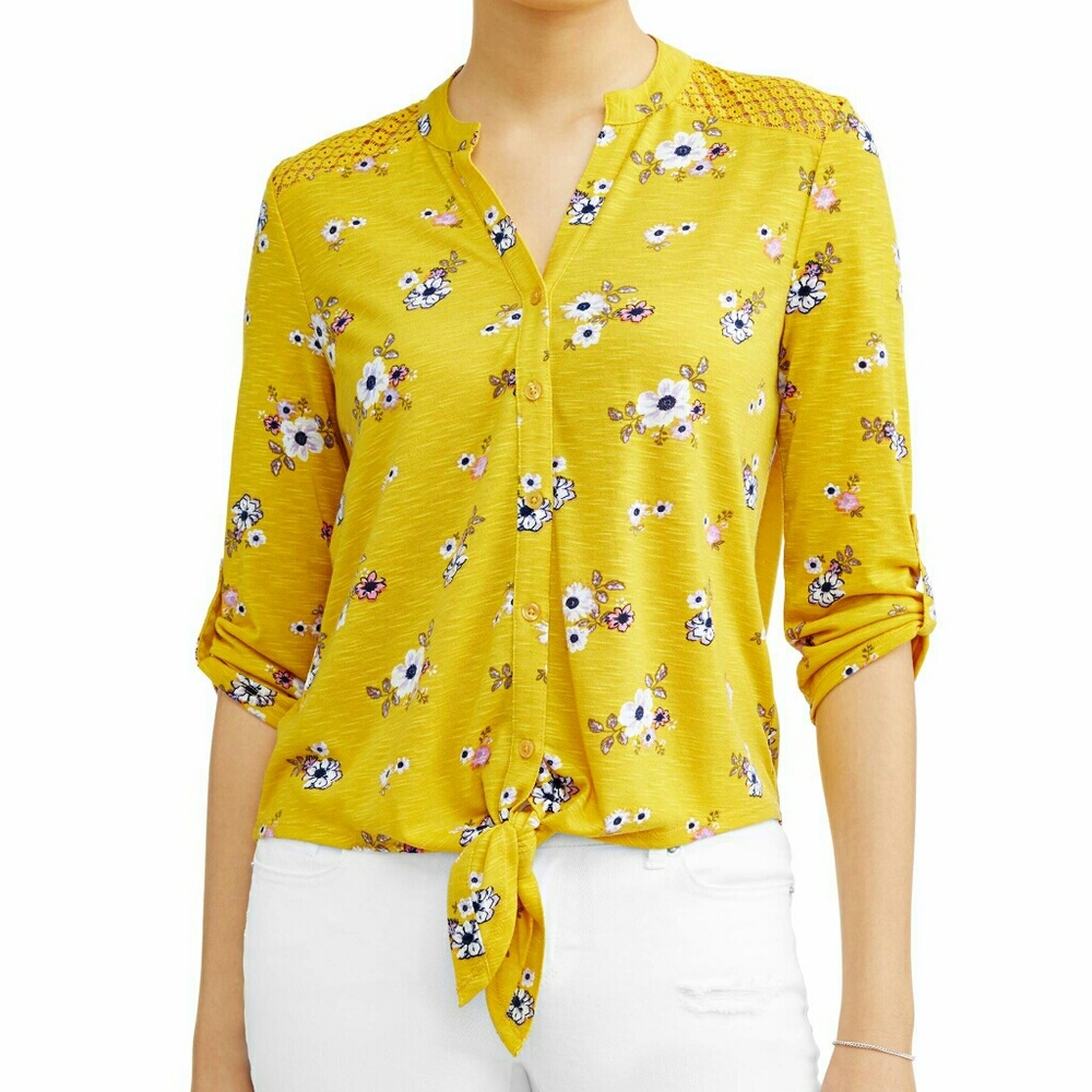 Lace Yolk Tie Front Blouse Gold Floral - Picture 1 of 4